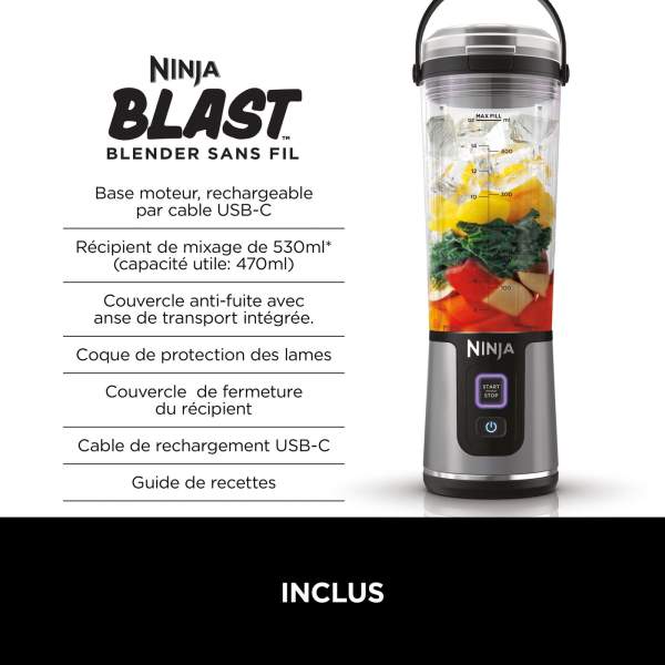 Blender portable sans fil Ninja Blast – Noir [BC151EUBK]